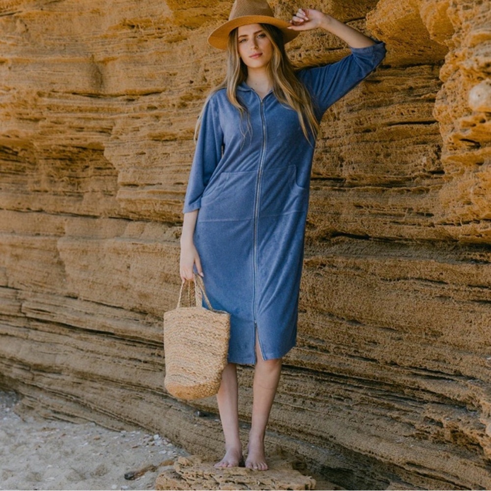 NWT Daniella Faye Women's Blue Zip-Front Terry Summer Swim Cover-Up Dress Size L